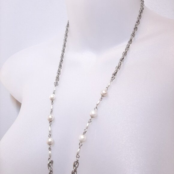 4Pc Set Faux Pearl Silver Chain Jewelry Lariat Knot Necklace Bracelet Tassel - Picture 8 of 13